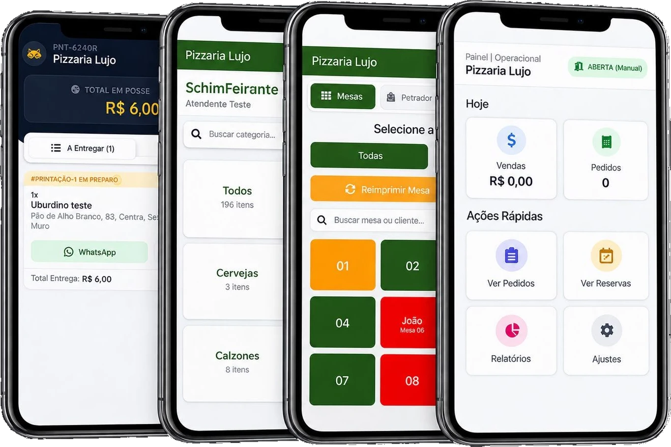 Apps do codapio no celular: entregador, atendente, mesas e painel operacional da Pizzaria Lujo
