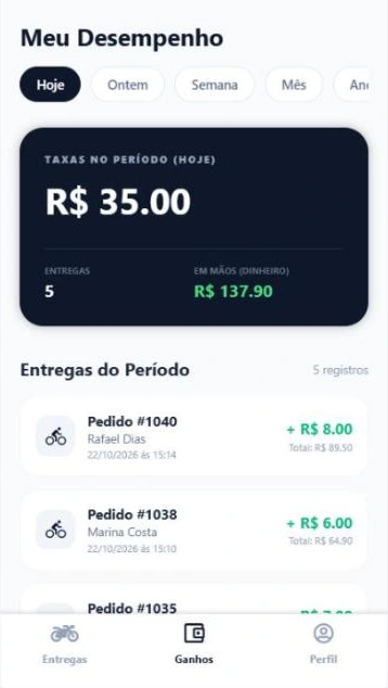 App do entregador: tela Meu desempenho, com as taxas do dia, o número de entregas e o dinheiro em mãos