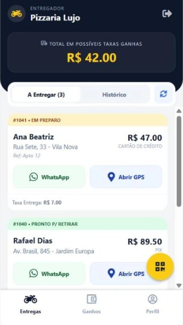App do entregador: lista de entregas a fazer, com cliente, endereço, valor, forma de pagamento e botões de WhatsApp e GPS