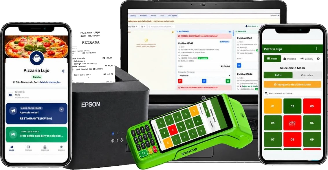 Cardápio digital no celular, painel de pedidos no notebook, impressora térmica e maquininha com o app do garçom, mostrando a Pizzaria Lujo
